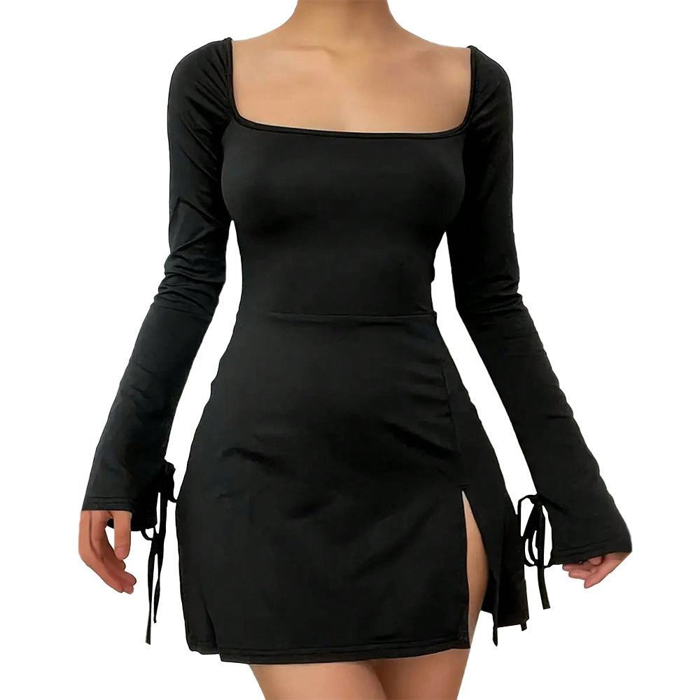 2025 Amazon Cross-Border European and American Style Small Fragrance Square Neck Red Dress Autumn Winter High Waist Versatile A-Line Slit Short for Wo
