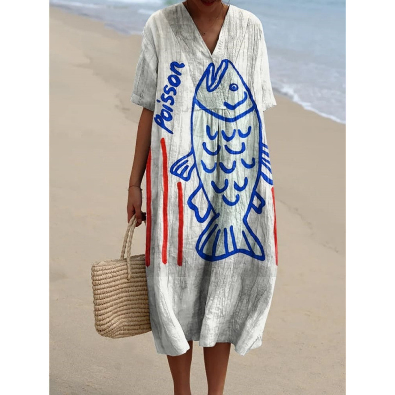 2025 New Plus Size Women's Shirt Pocket Short Sleeve Dress Creative Fish Pattern Vacation Style