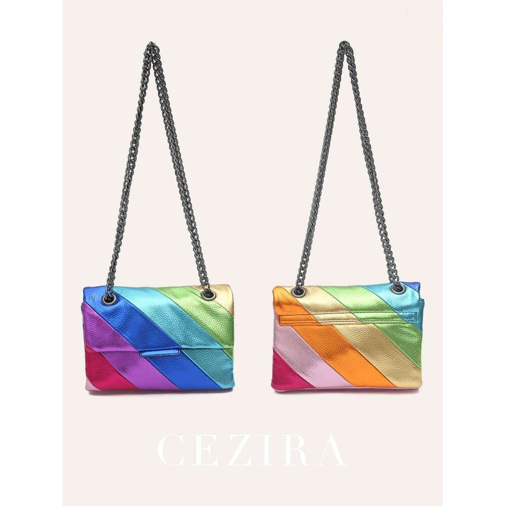 CEZIRA Women Fashion Metallic Rainbow Color Stripes PU Vegan Leather Bag Small Square Magnet Flap Cover Metal Chain Cross Body