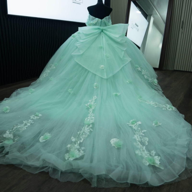 Mint Green Shiny Quinceanera Dresses Ball Gown Off The Shoulder Applique Flower Beads Tull Corset Party Birthday Sweet 16 Dress vestidos de 15 anos