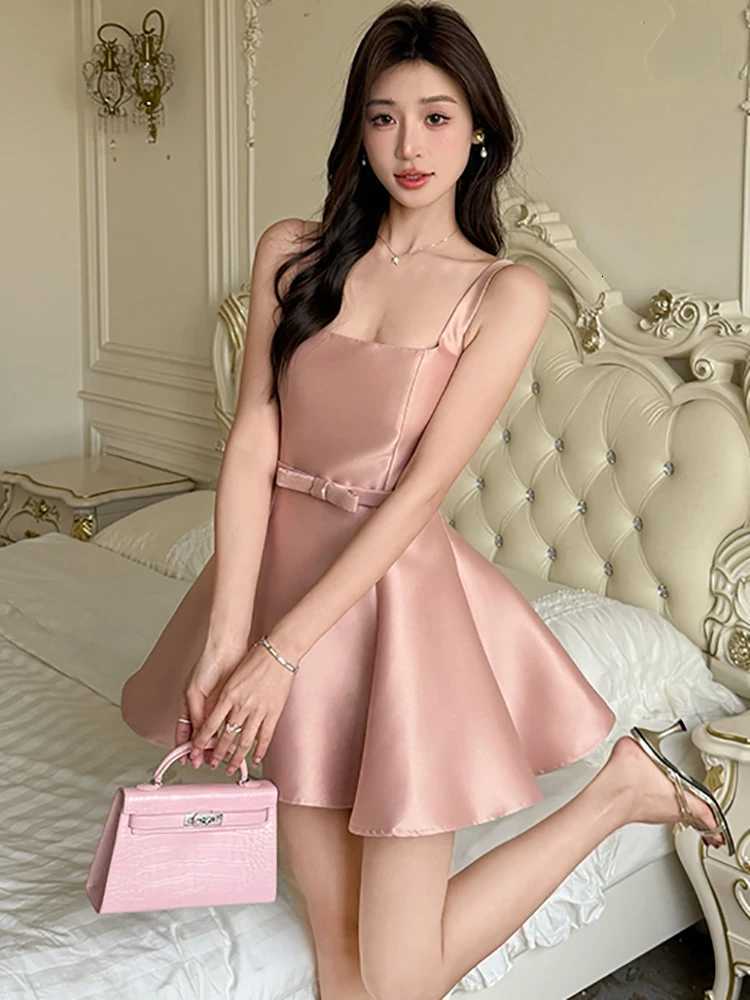 2025 Korean Vintage Luxury Women Pink Satin Chic Bow Bandage Bodycon Mini Dress Summer Elegant Sling Sexy A-Line Dress R250716