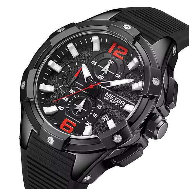 DHwatches MEGIR 2161 Big Dial Watch for Men Silicone Strap Multifunction Chronograph Quartz Solar Watches Waterproof Sport Luminous Date
