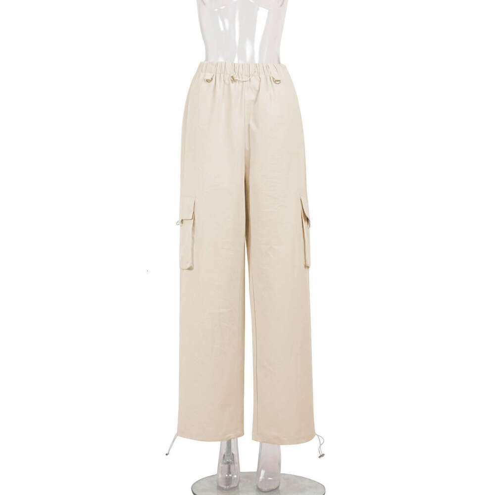 Spring Summer Women Comfortable Casual Unisex Drawstring Large Pocket Wide Leg Cargo Pants B5