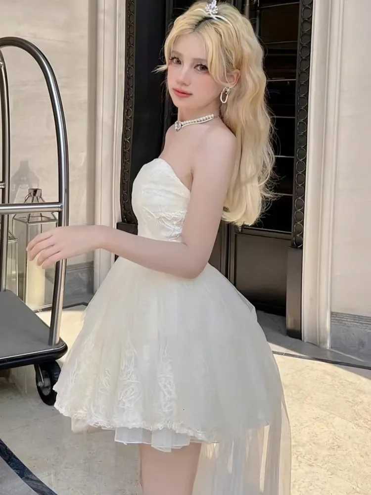 Fashion Elegant Sweet Strapless Dresses For Womens Summer New Slim Waist A-line Dress Y2k Mesh Patchwork Fairycore Vestidos R250716
