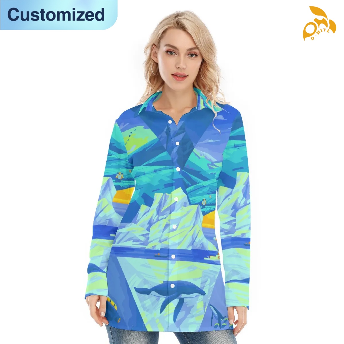 free shipping designer of customized trendy full-body printed women's long shirt with exquisite patterns from US