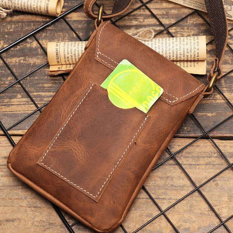 Crazy Horse Leather Small Vintage Sling Crossbody Man Flap Locking Shoulder Simple Men's Phone Key Pocket Bag