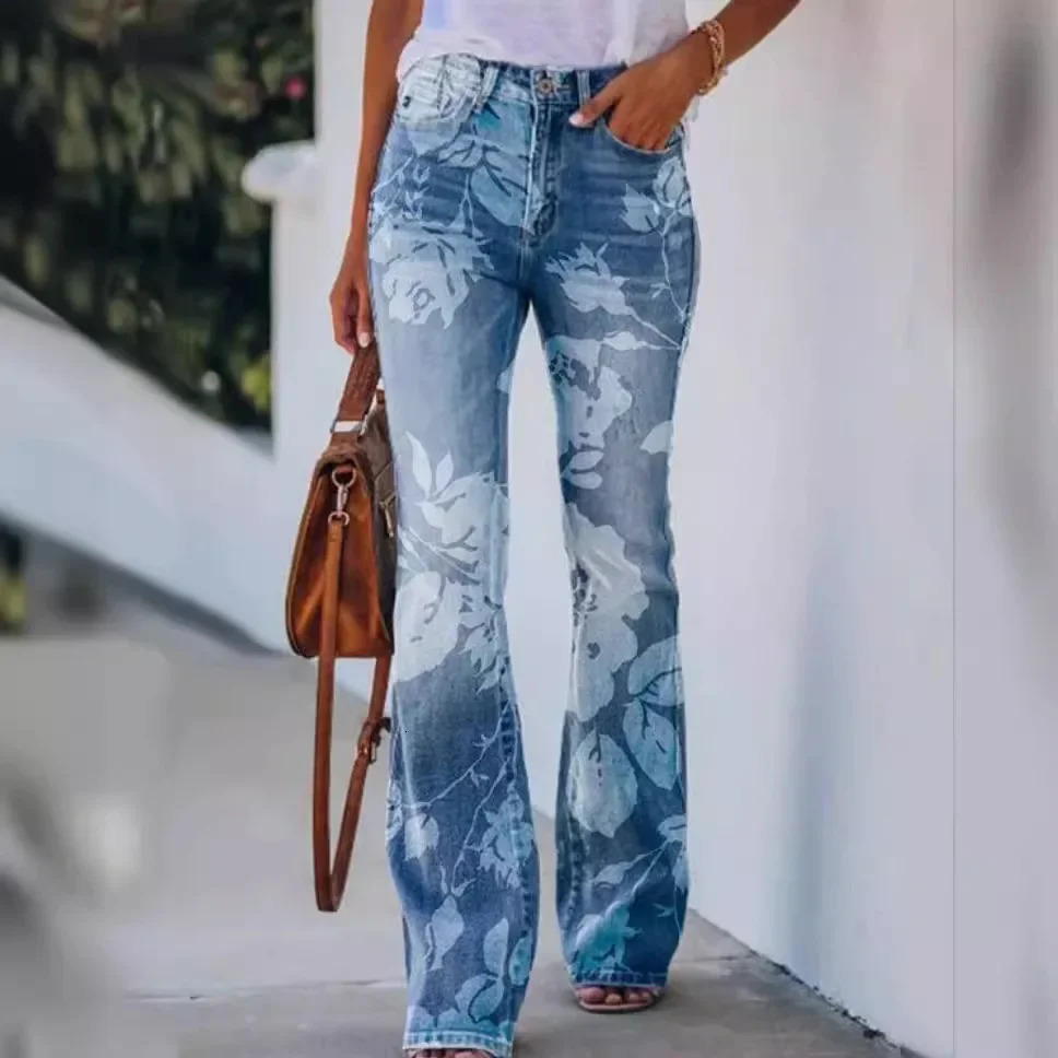 Casual Plus Size Womens Bell Bottom Pants Art Floral Pattern Independent Station On 250716