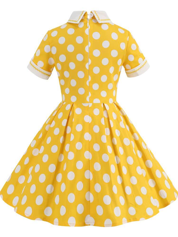 Hepburn Style 50s Vintage Childs Casual Dot Print Cosplay Costume Party Little Girls Midi 60s Elegant Pleated Dress dongdumaoyi