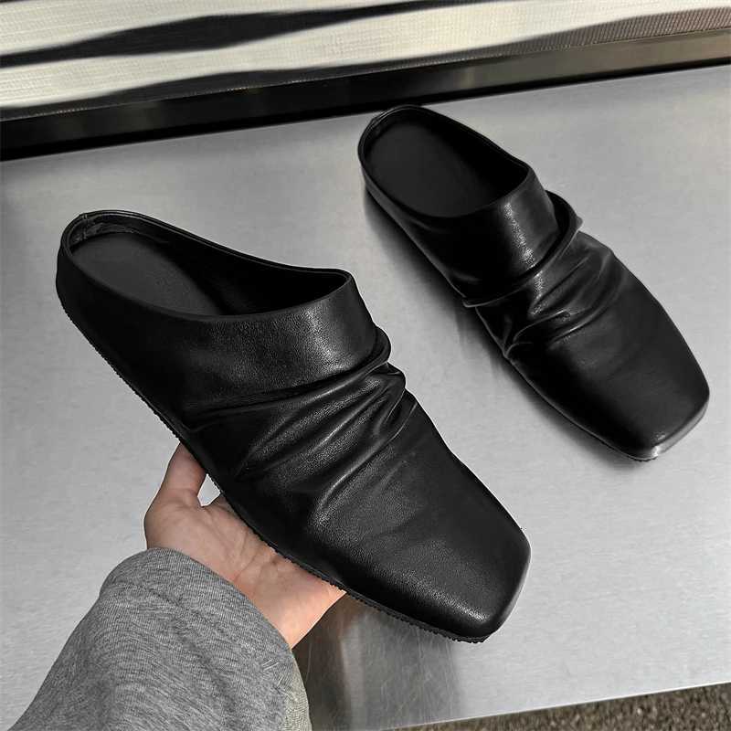 2025 Pleat Leather Half Shoes for Men Mules Backless Loafers Slippers Semi-Drag Casual Shoes Male Slides Outdoor Slip On Flats W250716