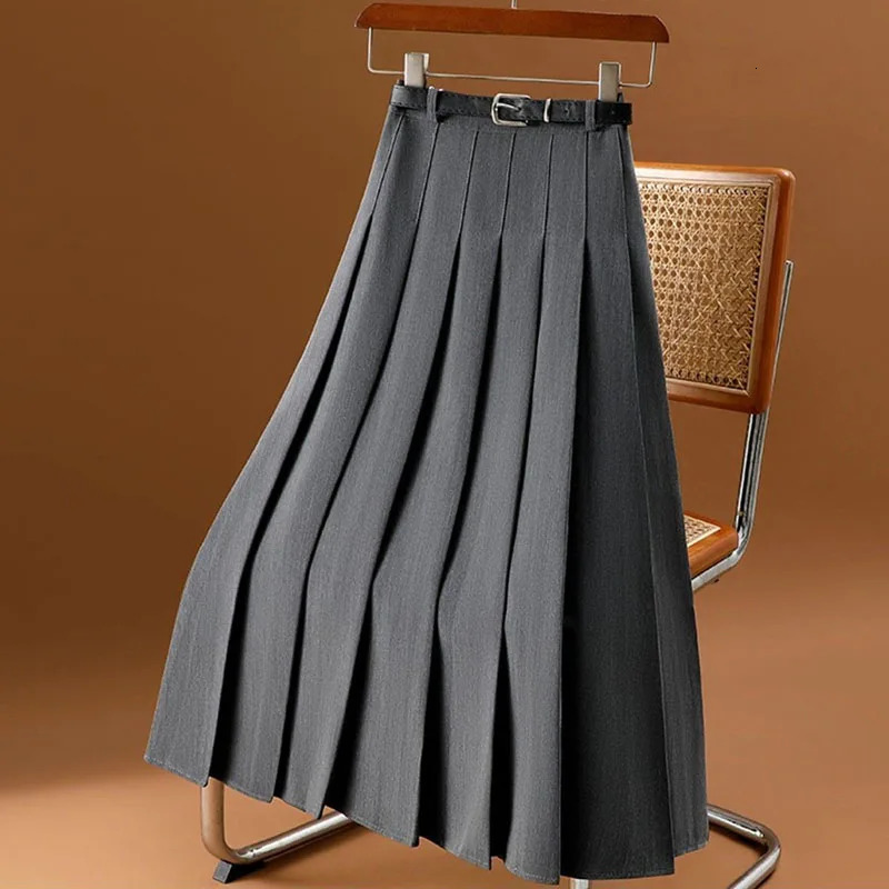 Lucyever All-Match Pleated Skirts Women Autumn Winter High Waist A-Line Folds Skirts Female Korean Fashion with Belt Midi Skirts 250715