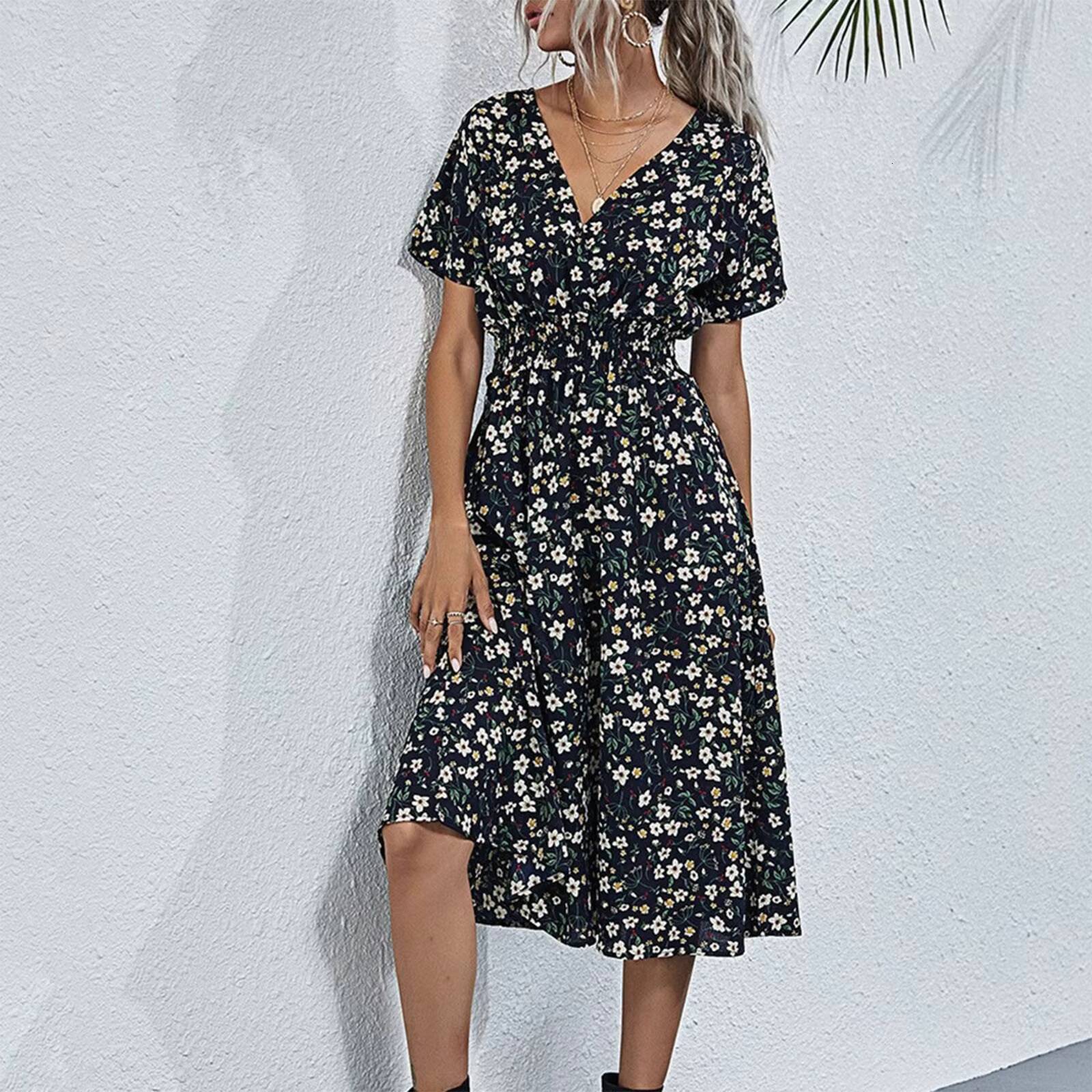 High Quality Luxury Design 2024 Elegant Cinching V-neck Printed Elastic Waist Maxi Sexy Dress Women Clothing Vestido dongdumaoyi