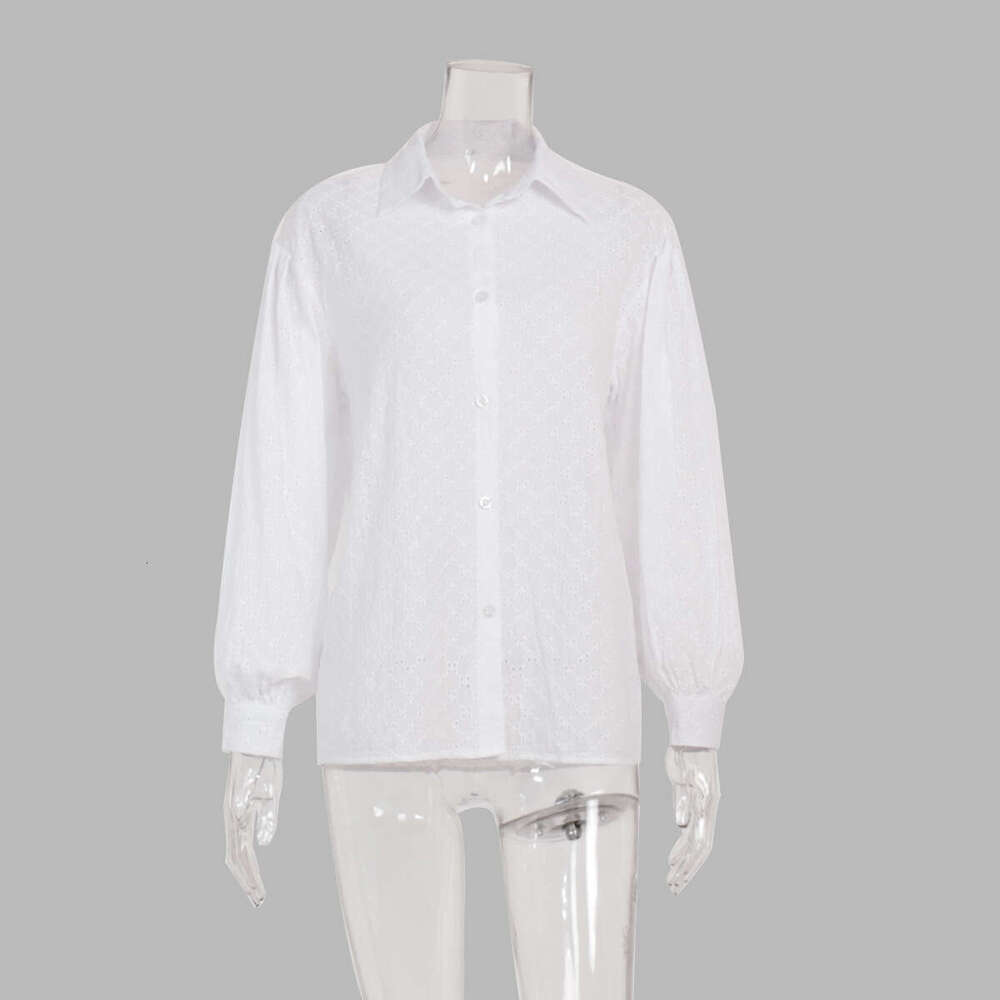 Lantern Sleeve Jacquard Shirt Spring Elegant Versatile Polo Collar Small Hollow Design Blouse B5