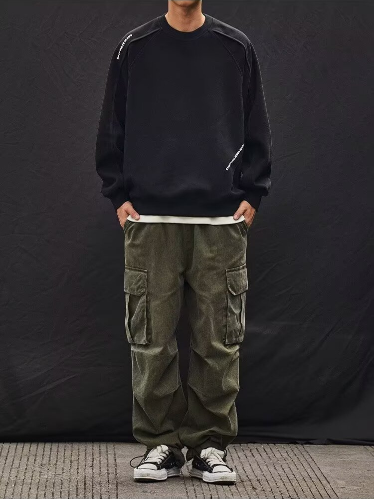 C40355 new heavy thickened fried flower men's sweatshirt round neck loose drop shoulder sleeve men's sweatshirt sweatshirt bottoming shirt t