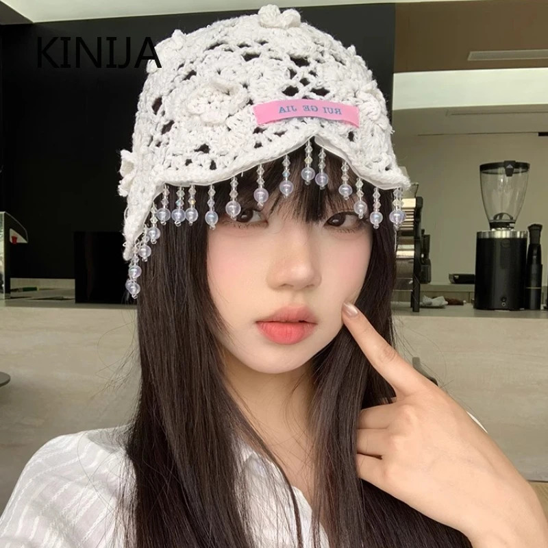 Handmade Tassel Knitted Hat Women Bohemian Beaded Fringed Pullover Hats for Girl Summer Travel Po Hollow Beanies Cap Y2K 250715