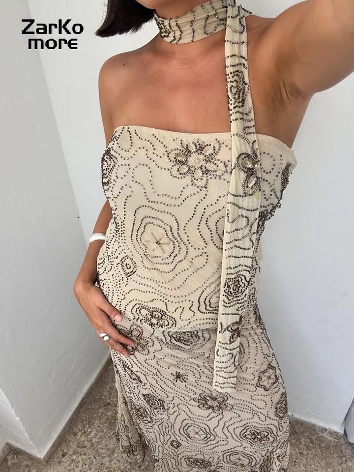 Sexy Beaded Halter Vest Long Skirt Sets Women Slim Backless Cropped Top Mermaid Skirts 2025 Summer Lady Beach Embroidery Outfits 250715