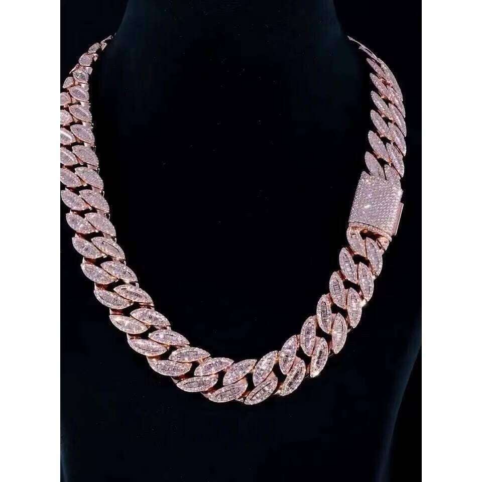 Pass 100% diamond test18mm Stone Cuban Chain - Ice Out Necklace, with Long Stick Bread and Round Cut VVS Silicon Stone, Tester Passed