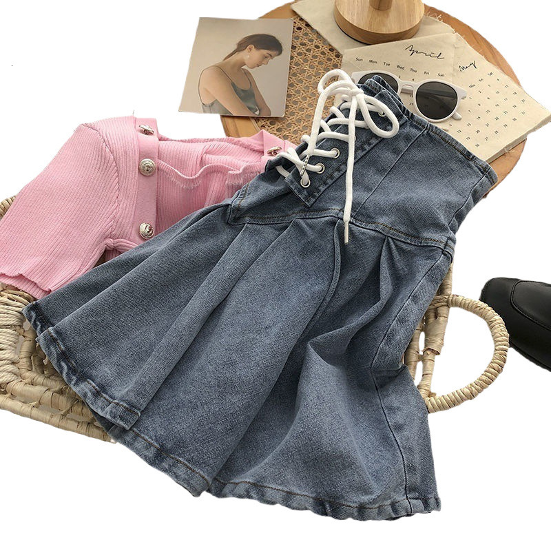 2025 New Hot Girl Stretch Denim Pleated Skirt Women Korean Version Cross Strap Short Fashion Versatile Half