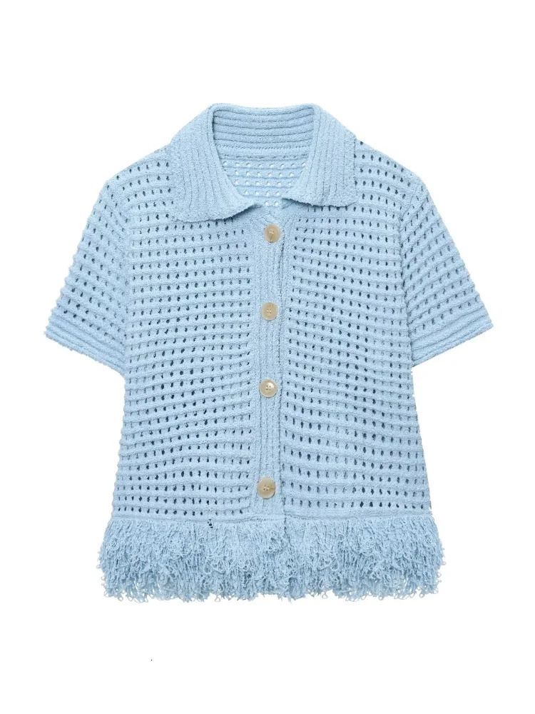 Tassels Knitted Hollow Out Cardigans Skirt Suits Women Single Breasted Lapel Top Mini Skirts Sets Female 2025 Spring Chic Outfit 250715