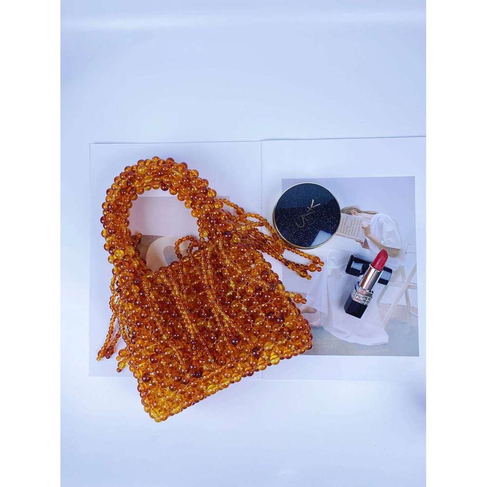 beaded woven bag amber acrylic cat eye beads retro handbag hollowed out pearl womens bag
