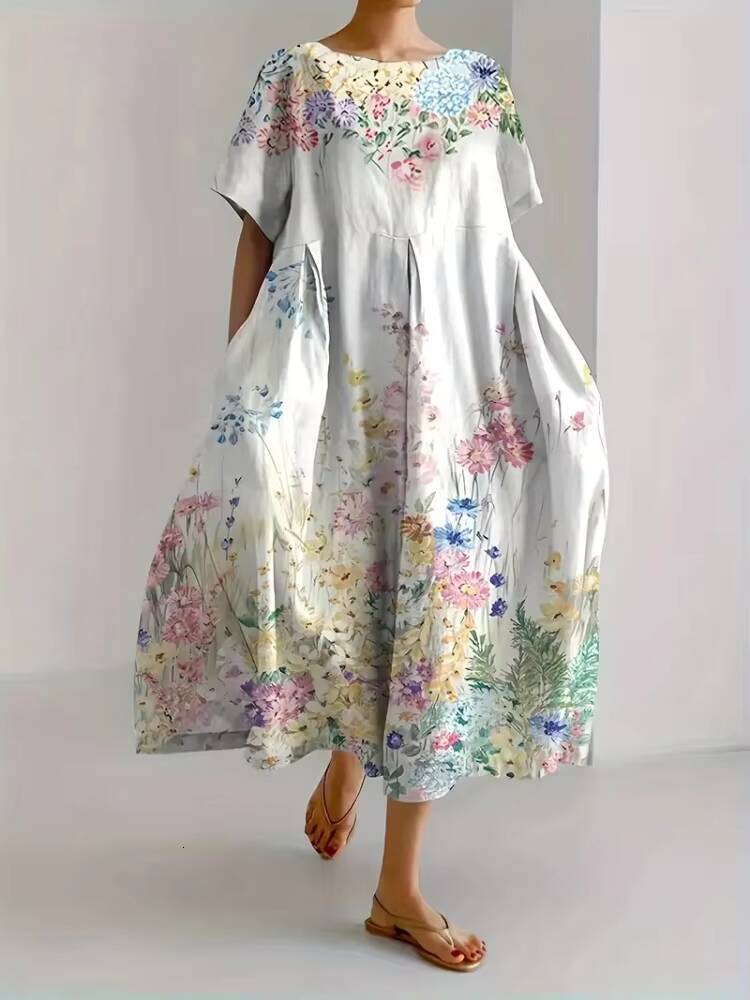Outdoor Holiday Round Neck Stylish Elegant Womens Evening Casual Loose A-line Dress dongdumaoyi