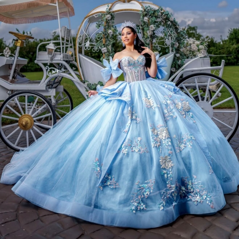 Sky Blue Quinceanera Dresses Ball Gown Off The Shoulder Applique Lace Beading Crystal Tull Corset Party Birthday Sweet 16 Dress Vestidos 15 Anos