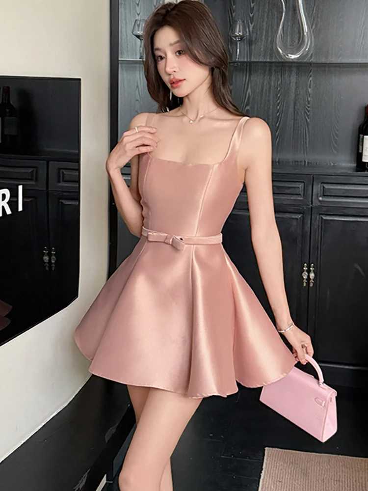 2025 Korean Vintage Luxury Women Pink Satin Chic Bow Bandage Bodycon Mini Dress Summer Elegant Sling Sexy A-Line Dress R250716