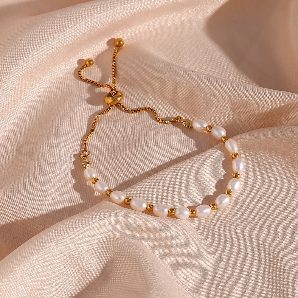100% Real Natural Oval Shape Freshwater Pearl Beaded Bracelet For Women High Quality 18K Gold Plated Waterproof Bracelet Jewelry 250712