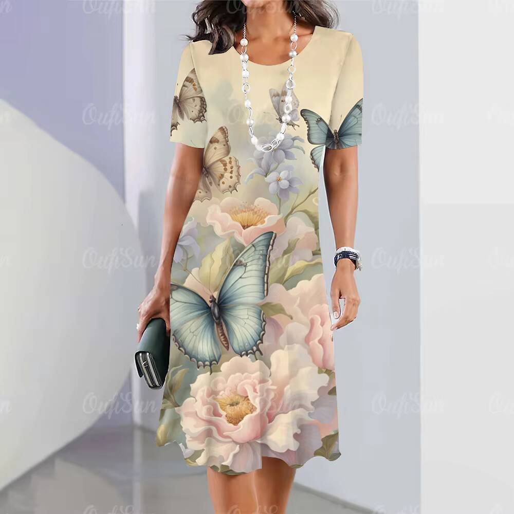 2024 New Womens Floral Printed Summer Luxury Midi Dresses Feamle Short Sleeve Dress Fashion Oversized Clothes dongdumaoyi