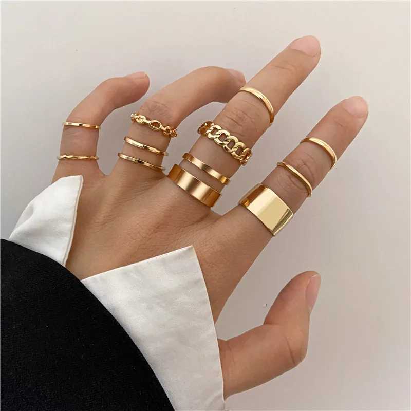 Modyle 10 pcs/set Bohemian Ring Set Gold Silver Color Wide Rings For Women Girls Simple Chain Finger Tail Rings S250716