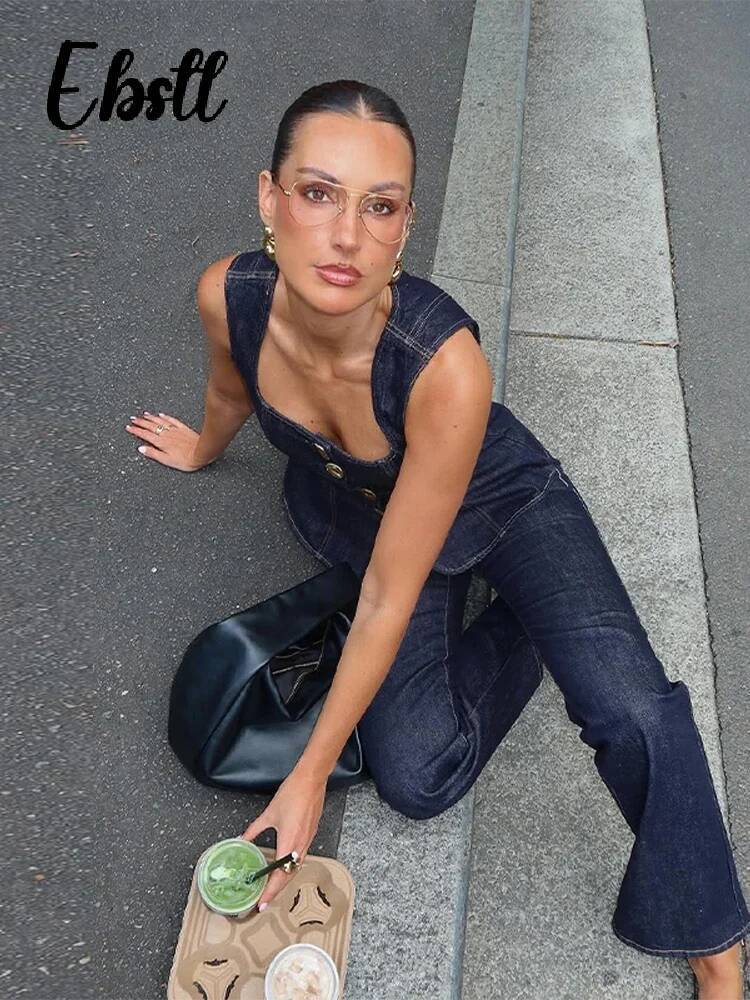 Denim Square Collar Vest Jeans Set Women's Slim Single Breasted Sleeveless Tank Top High Waist Pants 2025 New Lady Street Outfit