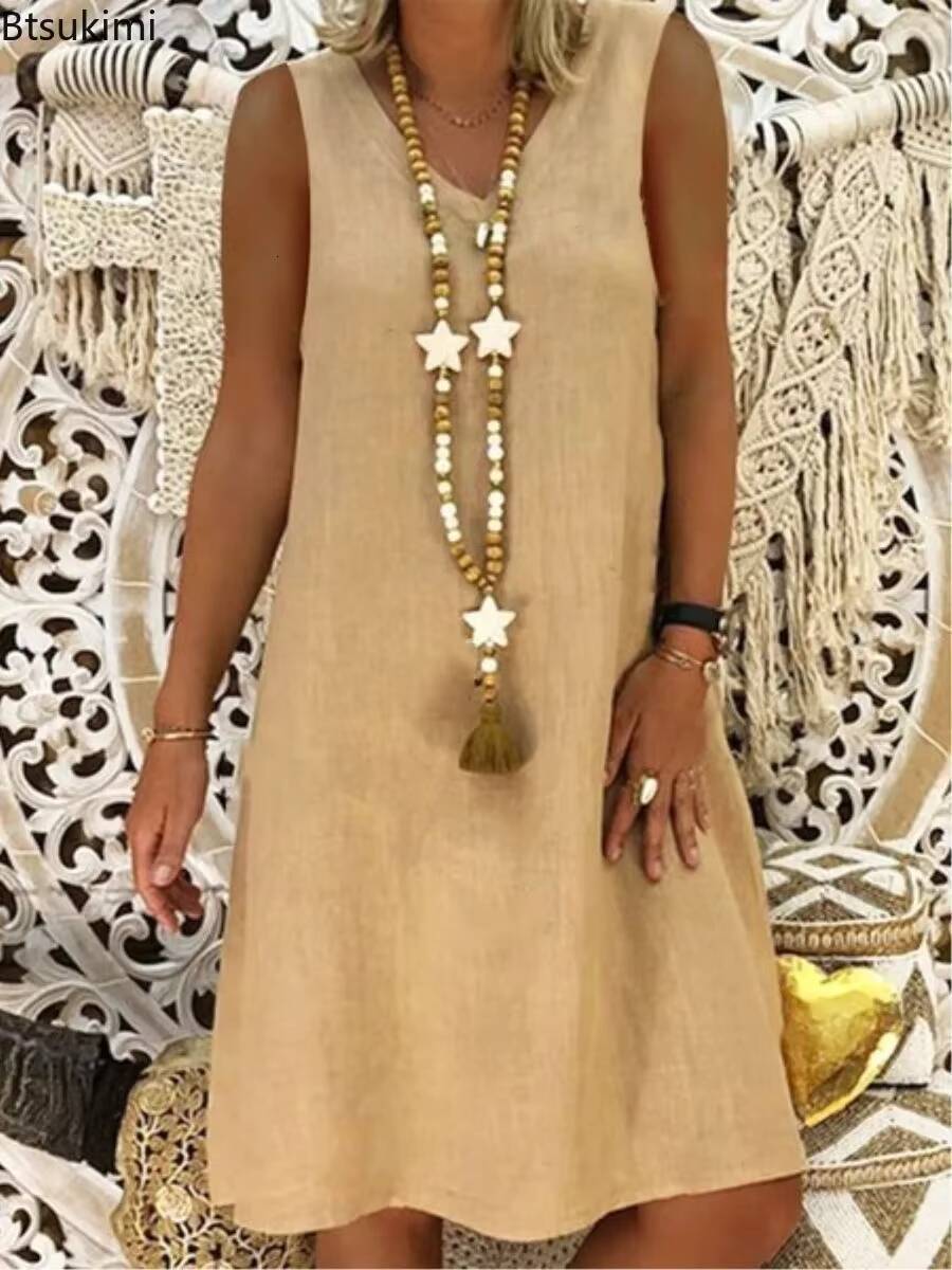 2025 Womens Summer Tank Solid Oversized Female Cotton Linen V Neck Sleeveless Beachwear Casual Dress Vestidos S-5XL dongdumaoyi