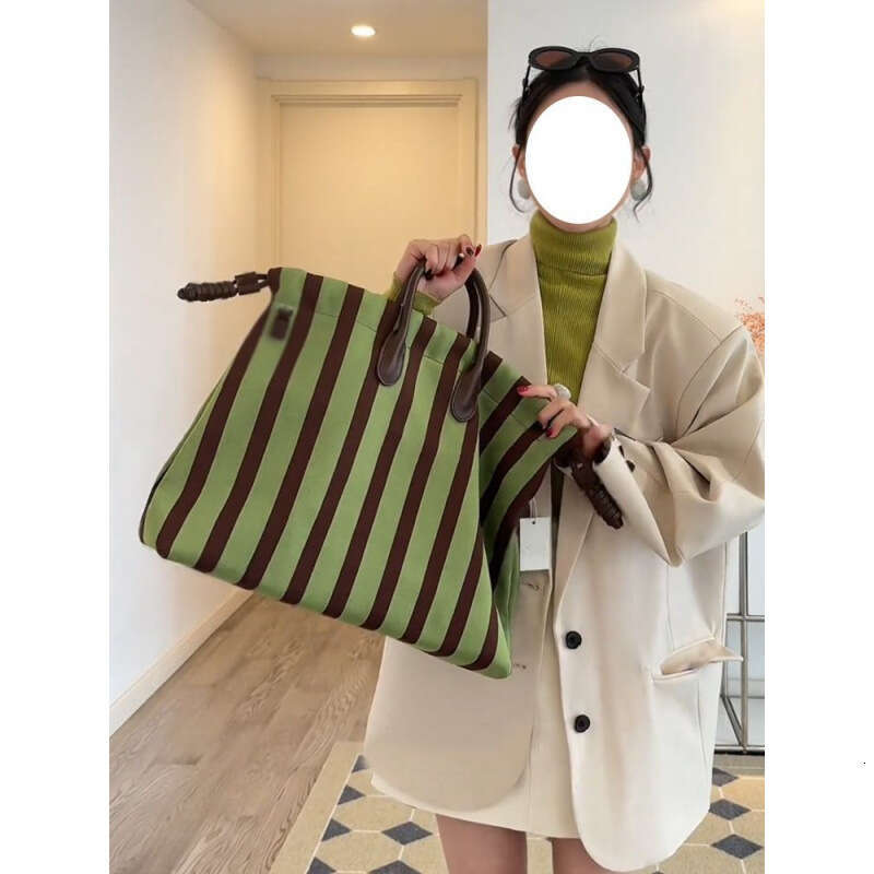 Pink Heart Lady Large Capacity Green Striped Tote Bag Women's Summer High-end Shoulder Crossbody Handbag Commuting