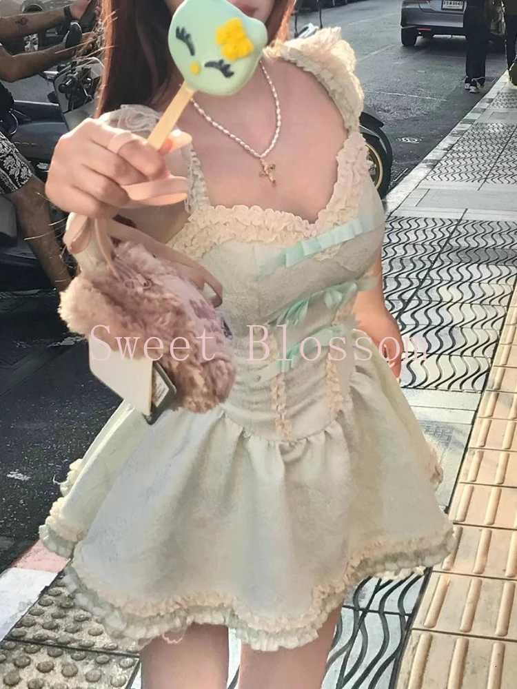 2025 Spring Summer Sweet Green Floral Lace Suspender Dress Women French Chic Fairy Slim Y2K Dresses New Fashion Elegant Clothing R250716