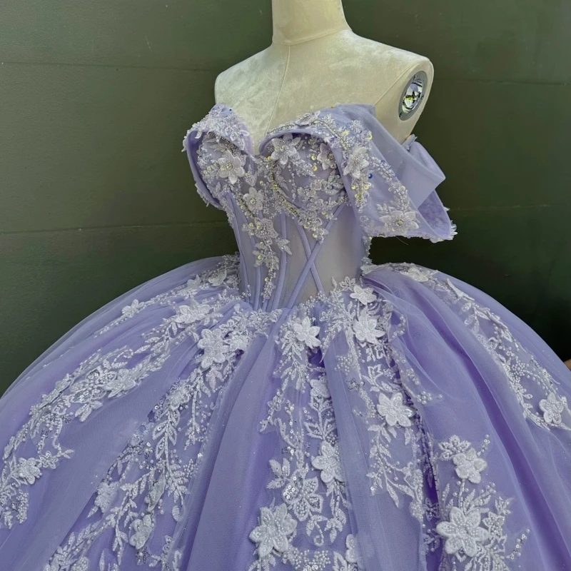 Lavender Quinceanera Dresses Ball Gown Off The Shoulder Applique Lace Beading Crystal Tull Party Birthday Sweet 16 Dress Vestidos De 15 Anos