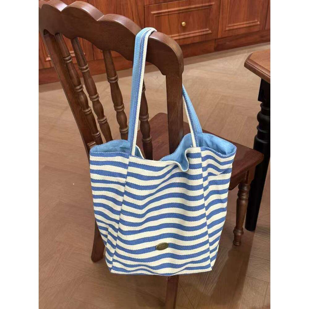 Striped Canvas 2025 New Korean Version Ins Casual Single Shoulder Large Capacity Tote Shopping Bag