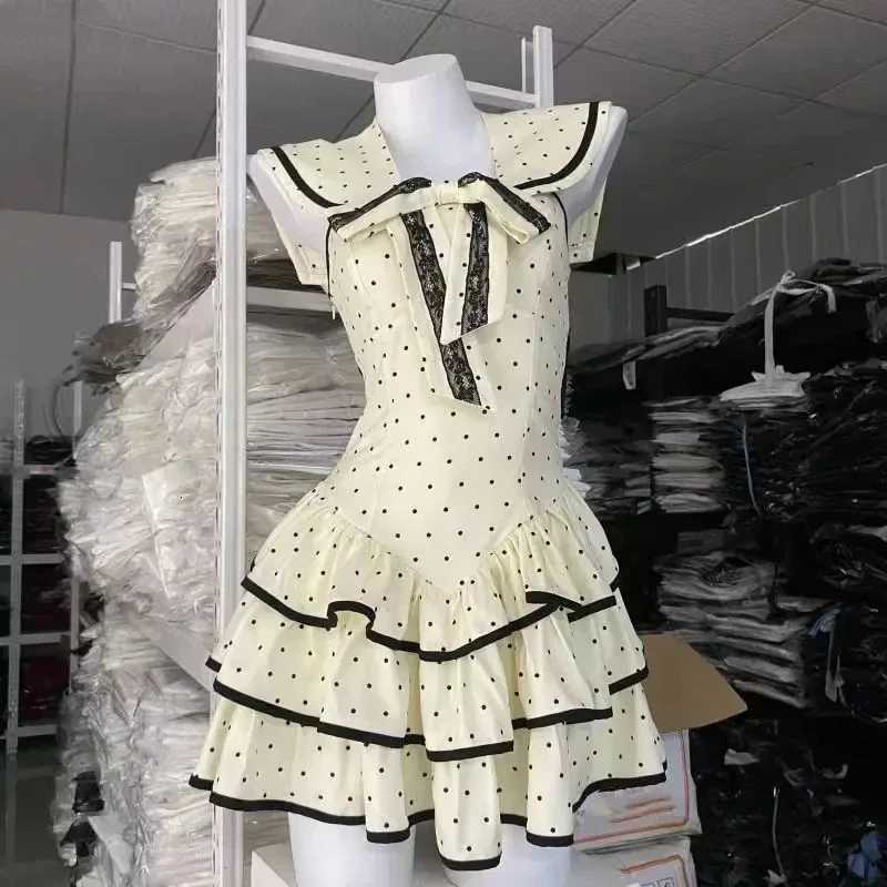Japanese Kawaii Polka Dot Mini Dress Women Preppy Bow Ruffles Dresses Summer Y2K Lolita Sailor Collar Backless Bodycon Vestidos R250716