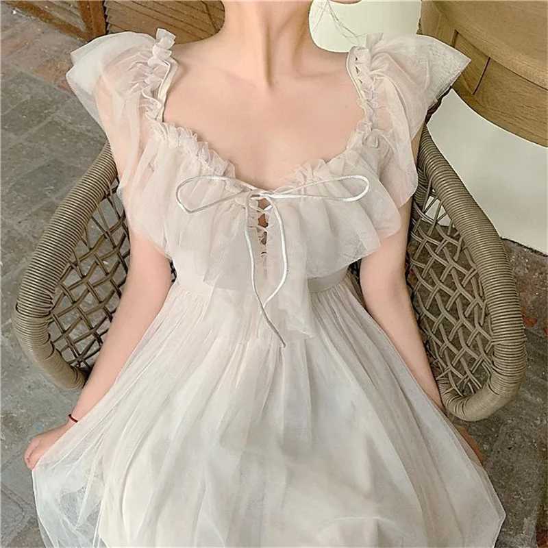 Women Sexy Mesh V Neck Lace Up Sweet Kawaii Japanese Fairy Party Elegant Dresses Summer Fashion Ruffle White Short Sleeve Dress R250716