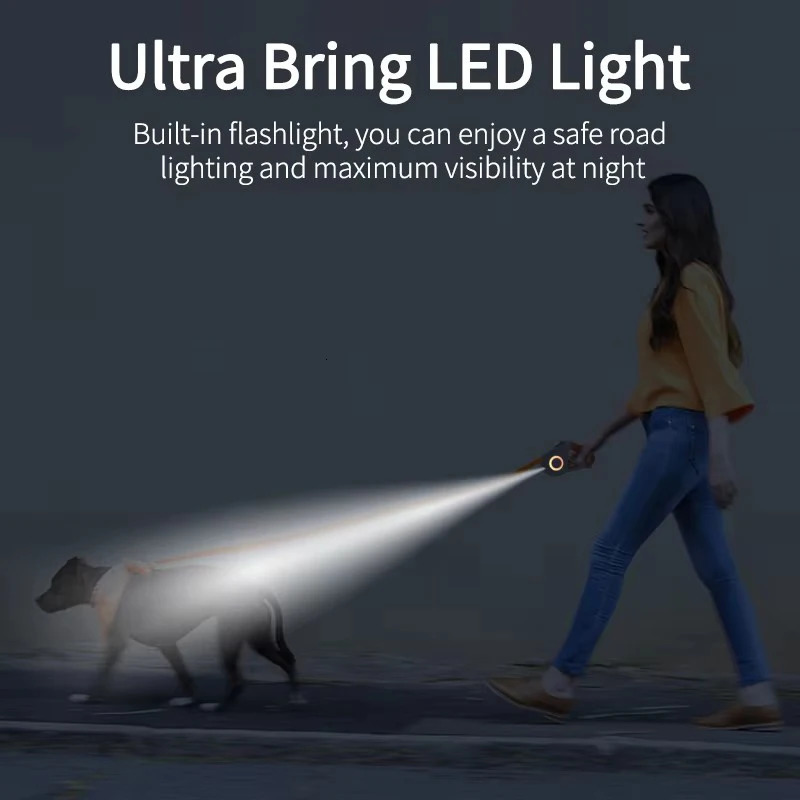 5M Automatic Retractable Dog Leash with Led Flashlight Durable Nylon Lead for Pet Dogs Adjustable Walking Running Rope 250709