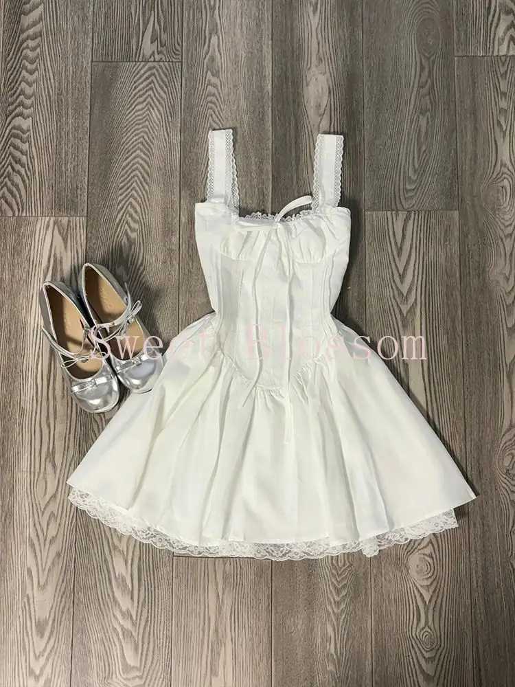 French Elegant Lace Stitching Sweet White Dress Women Summer Aesthetic Slim Kawaii Dresses New Fashion Casual Fluffy Outfit 2025 R250716