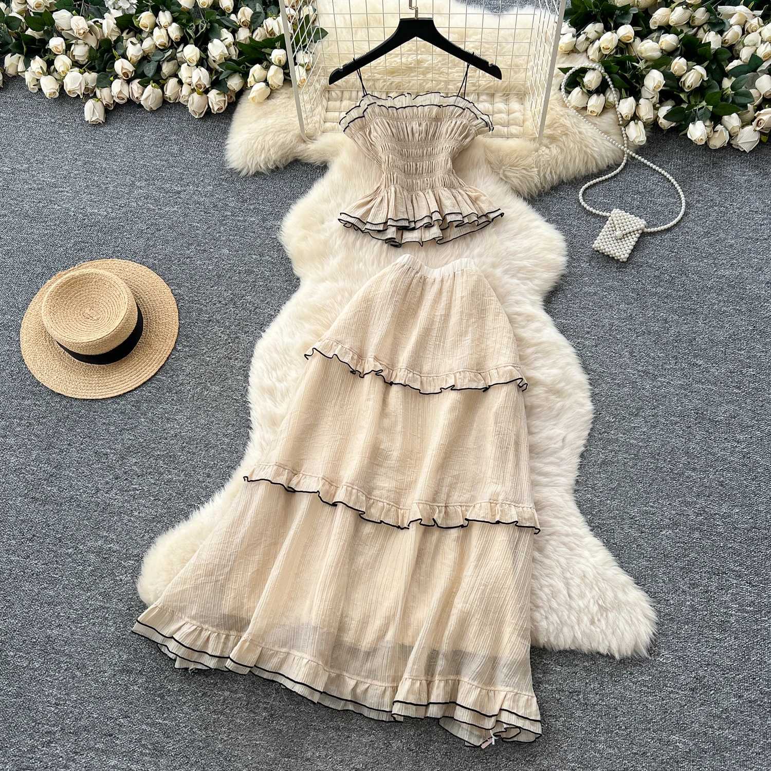 Sexy Vintage Sweet Sleeveless Edible Tree Fungus Chic Sheath A-line Dress Birthday Party Fashion Two Piece Set R250716