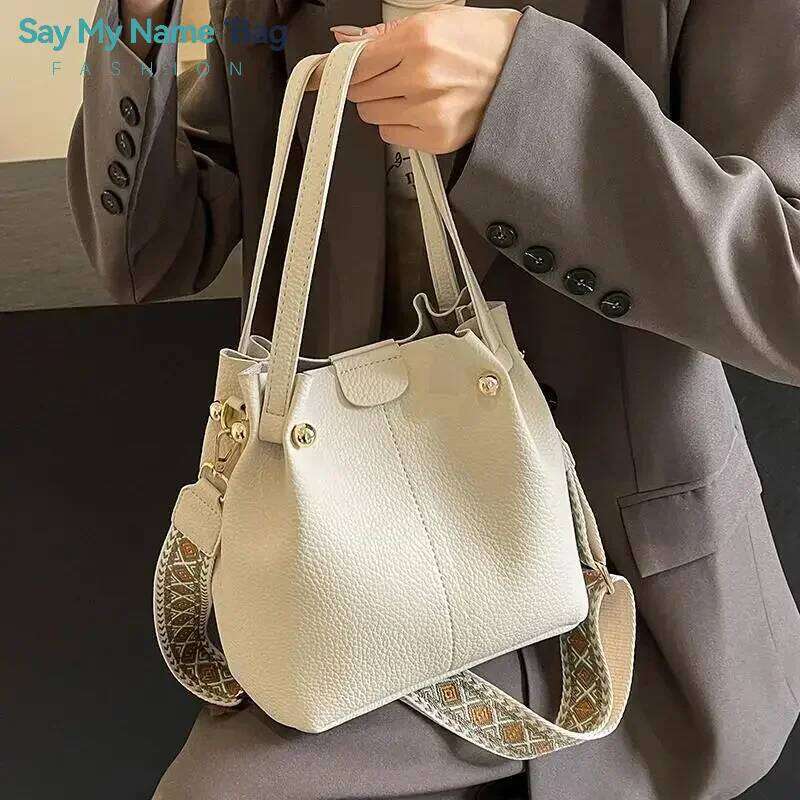 2025 High Quality Solid PU Bucket Shoulder Soft Crossbody Bags Korean High-End Design Large Capacity Women's Handbags