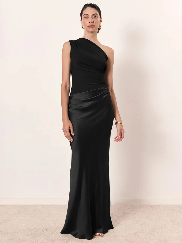 Mozision Satin Inclined Shoulder Sexy Maxi Dress Women Fashion Patchwork Sleeveless Backless Bodycon Evening Club Party Dress 250715
