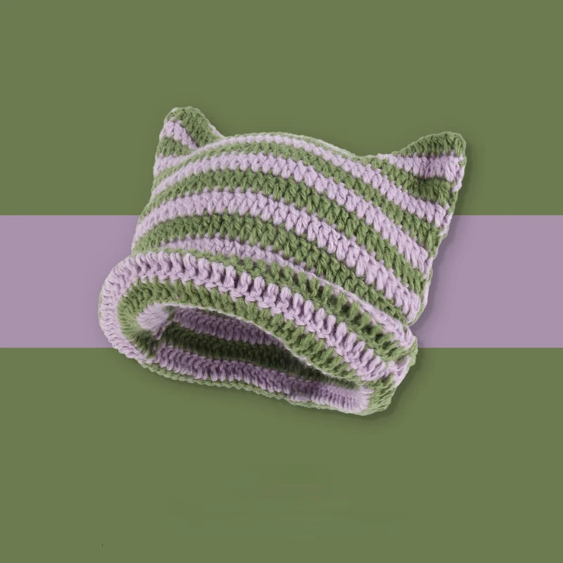 Beanie Hat Ins Little Devil Striped Knitted Wool Cap Autumn and Winter Crochet Cute Cat Ears Pointed Pullover Womens Hats 250715