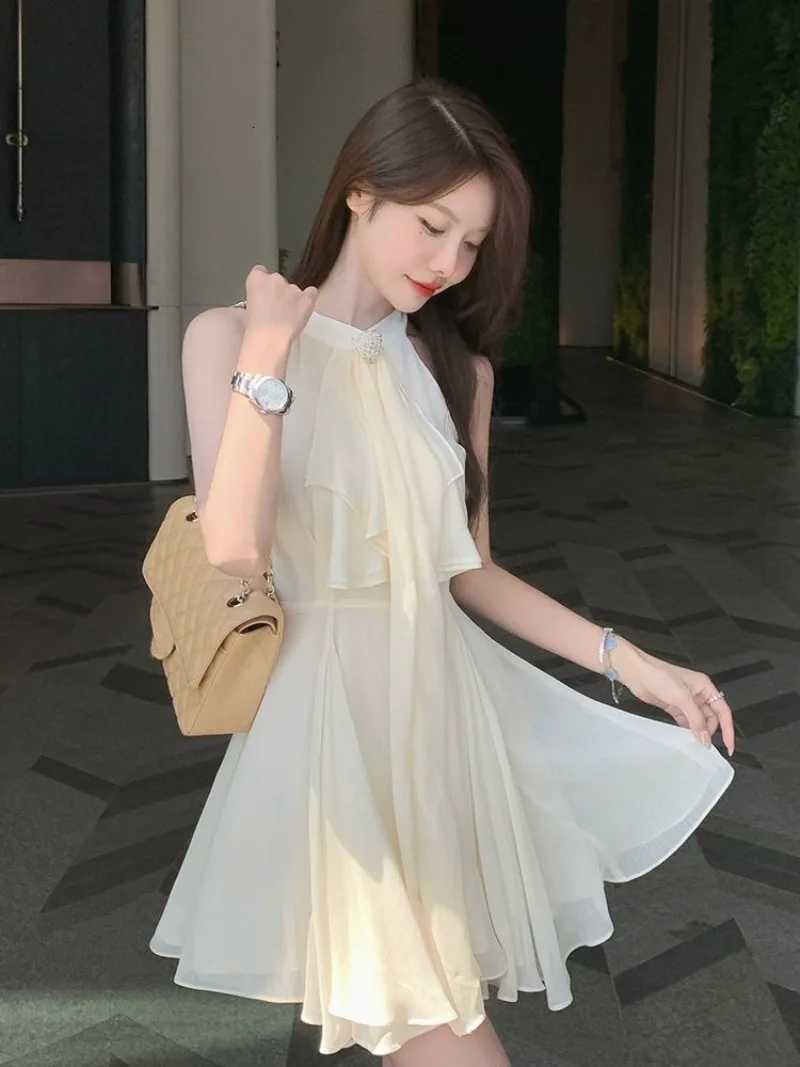 French Celebrity Irregular Chiffon Hanging Neck Dress Women Ruffled Edges Patchwork Ribbon Sleeveless Solid Summer Princess Wear R250716
