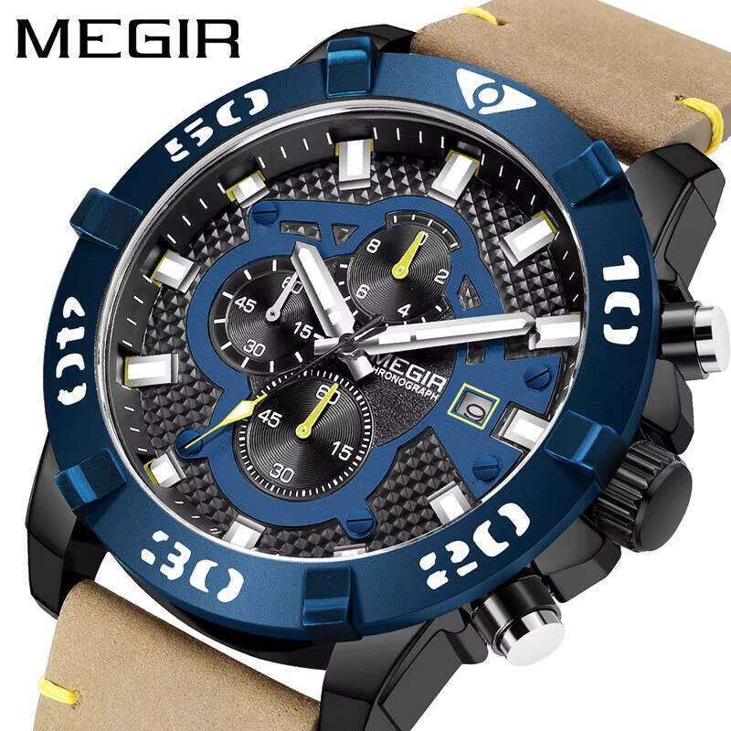 MEGIR 2136 Mens Quartz Solar Watch Big Dial Genuine Leather Band Luxury Sport Style Casual Analog Timepiece