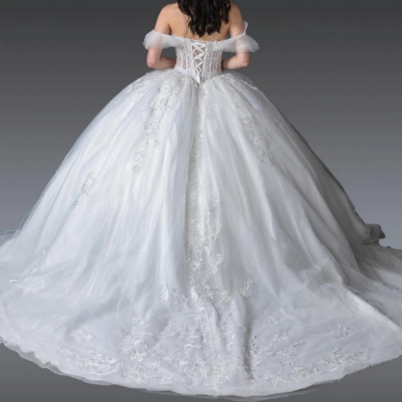 White Quinceanera Dresses Ball Gown Off The Shoulder Applique Lace Beads Tull Party Birthday Sweet 16 Dress Vestidos 15 De Anos