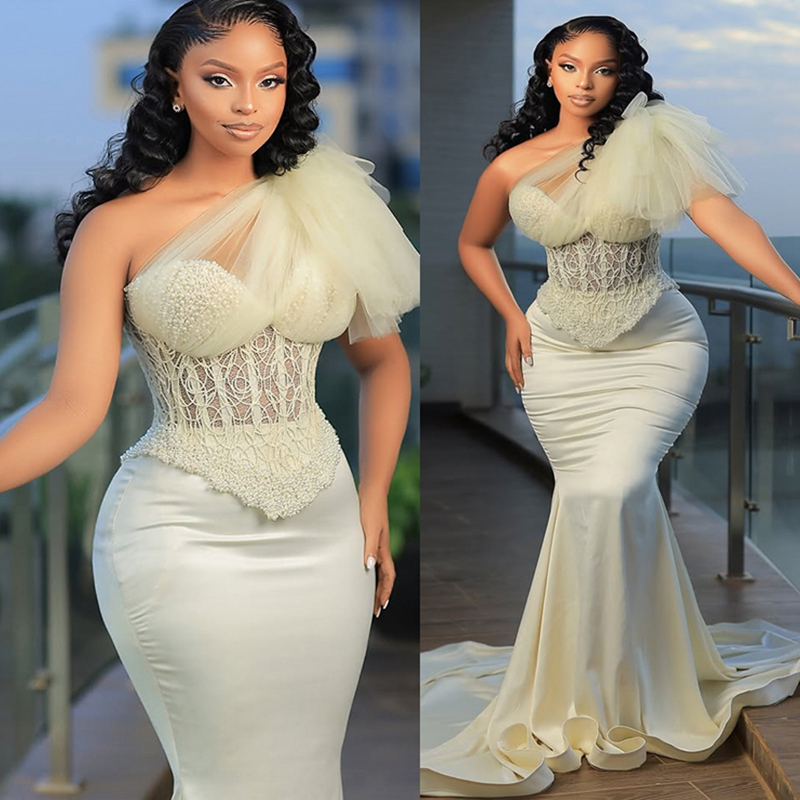 2025 One Shoulder Ivory Aso Ebi Prom Dress African Mermaid Prom Dresses Evening Formal Gowns Beaded Lace Birthday Dress Second Reception Gown AM2512