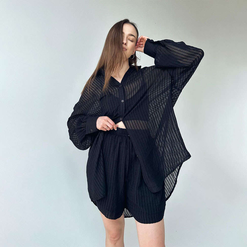 Women's Clothing Summer Elegant Casual Textured Long Sleeve Vertical Stripe Shirt + Shorts Set B5