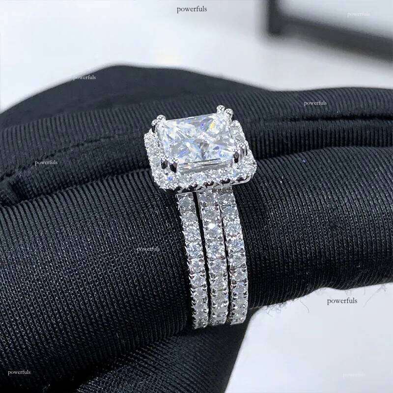 Cadermay sier 3ct square princess cut vvs moissanite halo pave stacking engagement wedding ring set for women