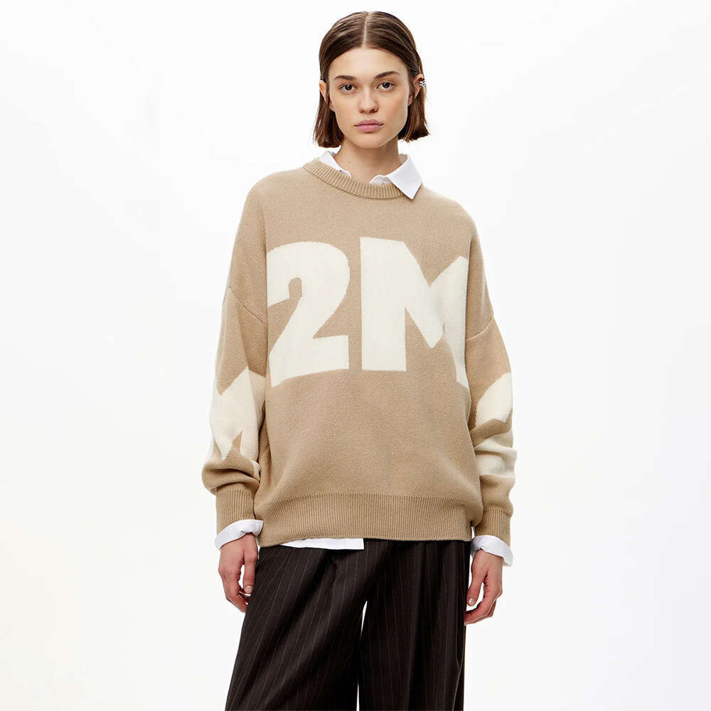 Autumn Winter Knitted Fashion Versatile Color Block Elegant Round Neck Loose Letter Sweater B5